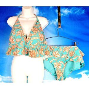 TIME & TRU 2 pc Bikini Aqua/Teal FLORAL Ruffle Top Adj Straps Flattering size 3x
